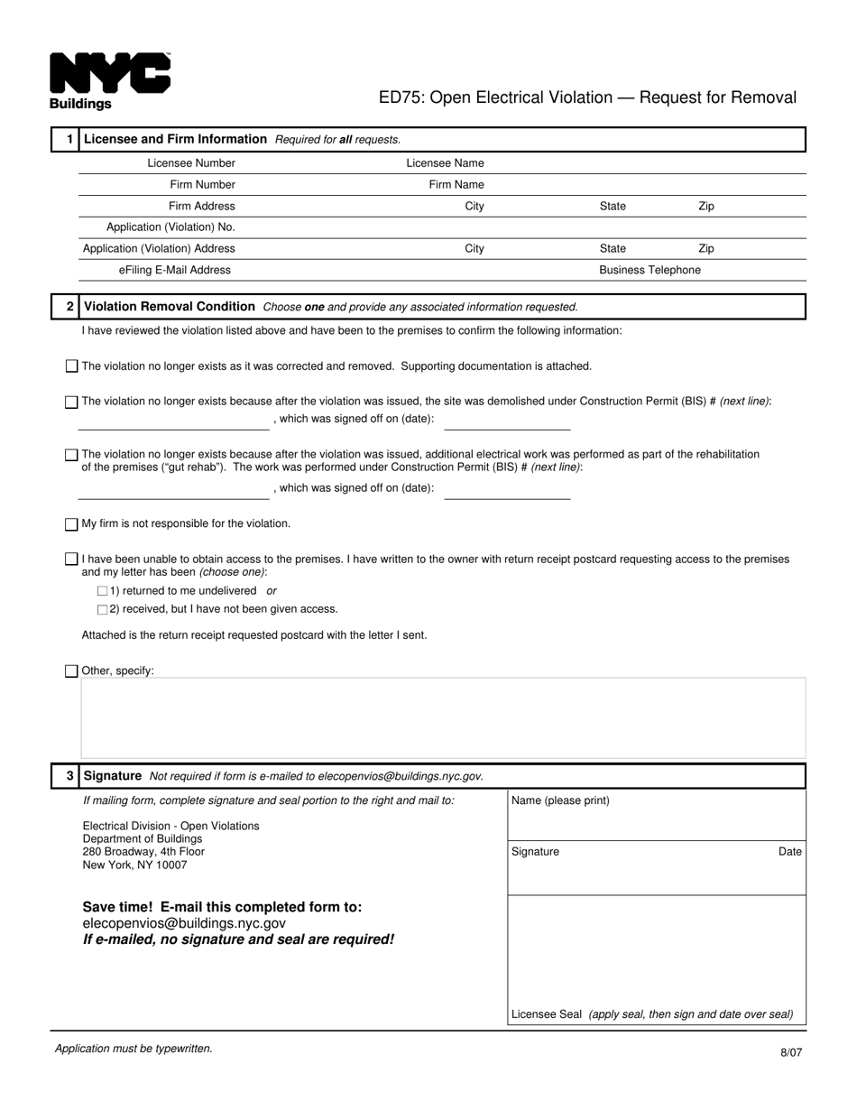 Form ED75 Open Electrical Violation - Request for Removal - New York City, Page 1