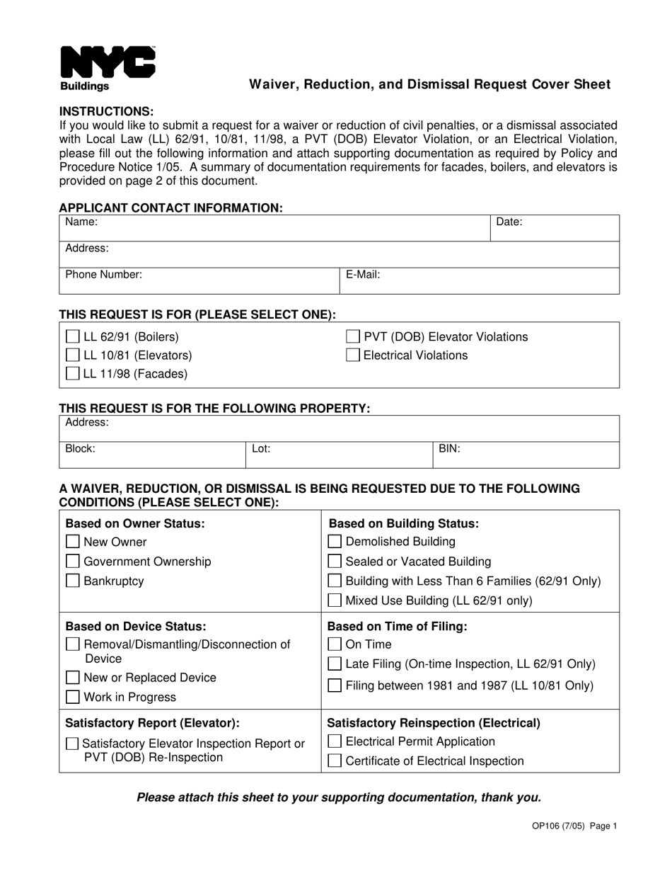 Form OP106 Waiver, Reduction, and Dismissal Request Cover Sheet - New York City, Page 1