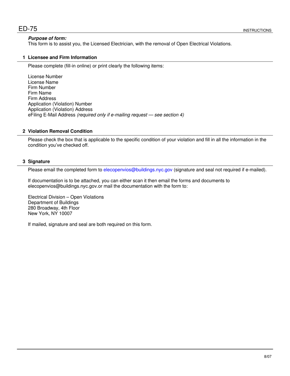Instructions for Form ED75 Open Electrical Violation - Request for Removal - New York City, Page 1