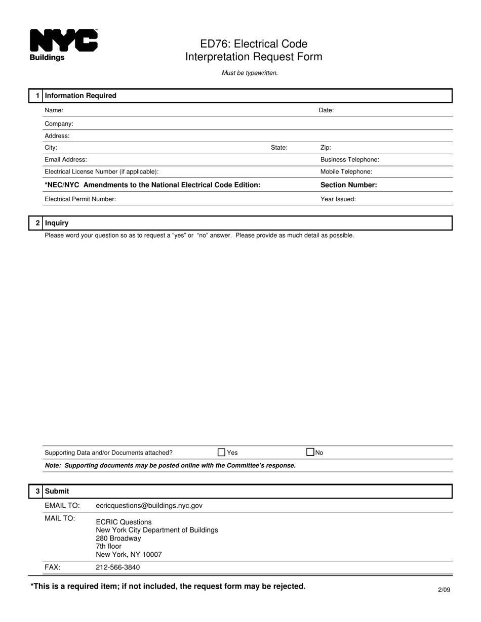 Form ED76 Electrical Code Interpretation Request Form - New York City, Page 1