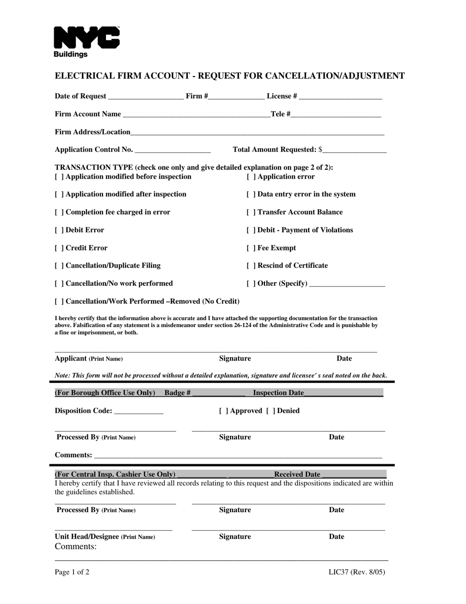 Form LIC37 Electrical Firm Account - Request for Cancellation / Adjustment - New York City, Page 1