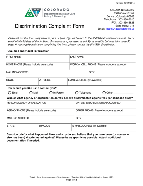 Discrimination Complaint Form - Colorado Download Pdf