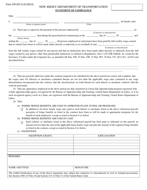 Form CR-347-2 Statement of Compliance - New Jersey