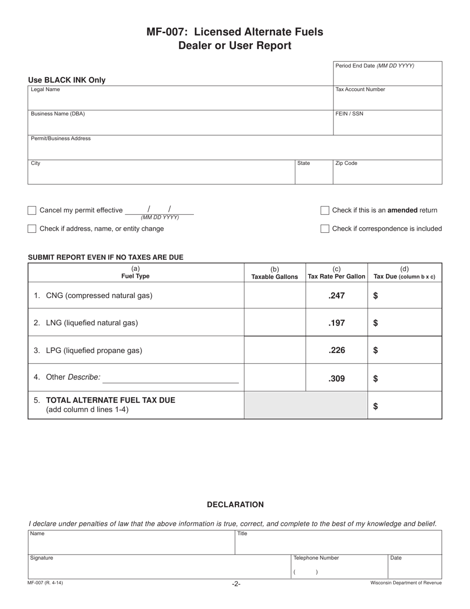 Form MF-007 Licensed Alternate Fuels Dealer or User Report - Wisconsin, Page 2