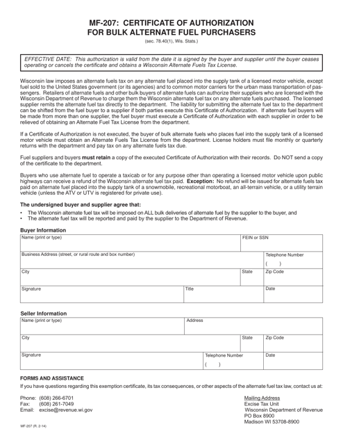Form MF-207 Certificate of Authorization for Bulk Alternate Fuel Purchasers - Wisconsin