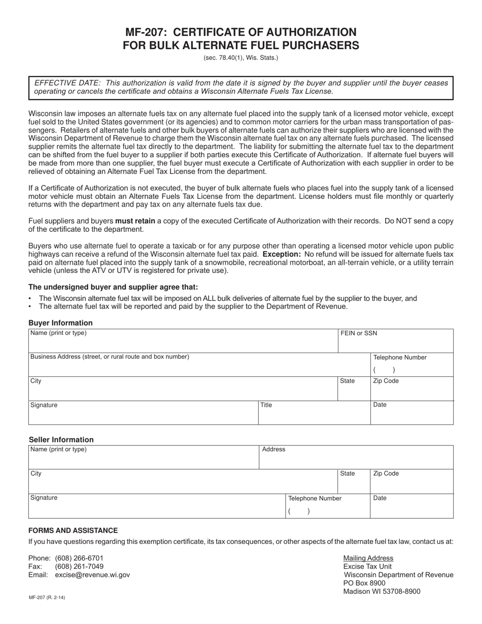 Form MF-207 Certificate of Authorization for Bulk Alternate Fuel Purchasers - Wisconsin, Page 1