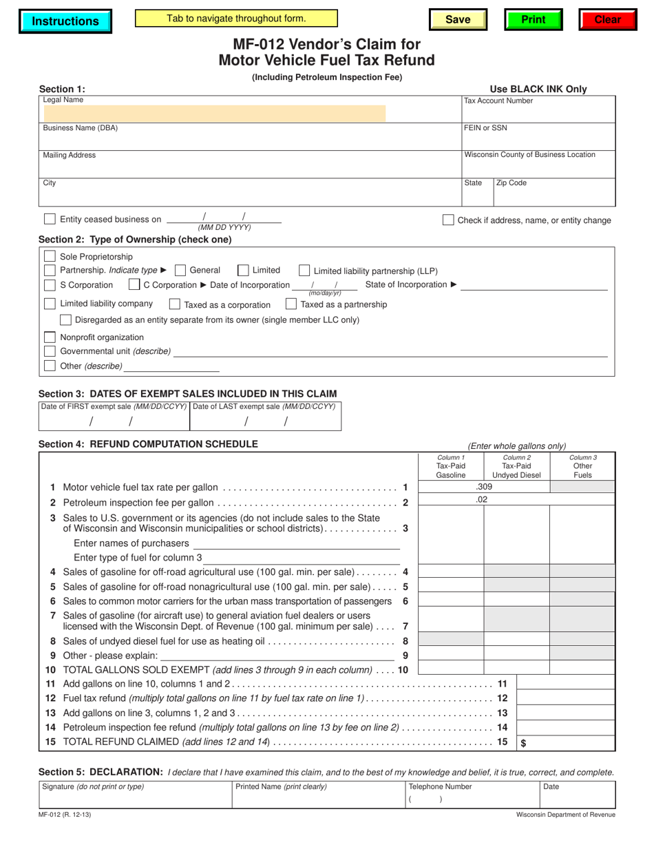 Form MF-012 Vendors Claim for Motor Vehicle Fuel Tax Refund - Wisconsin, Page 1