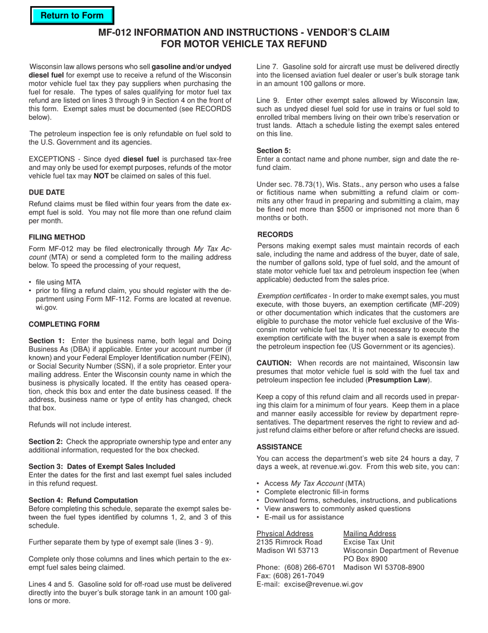 Form MF-012 Vendors Claim for Motor Vehicle Fuel Tax Refund - Wisconsin, Page 2