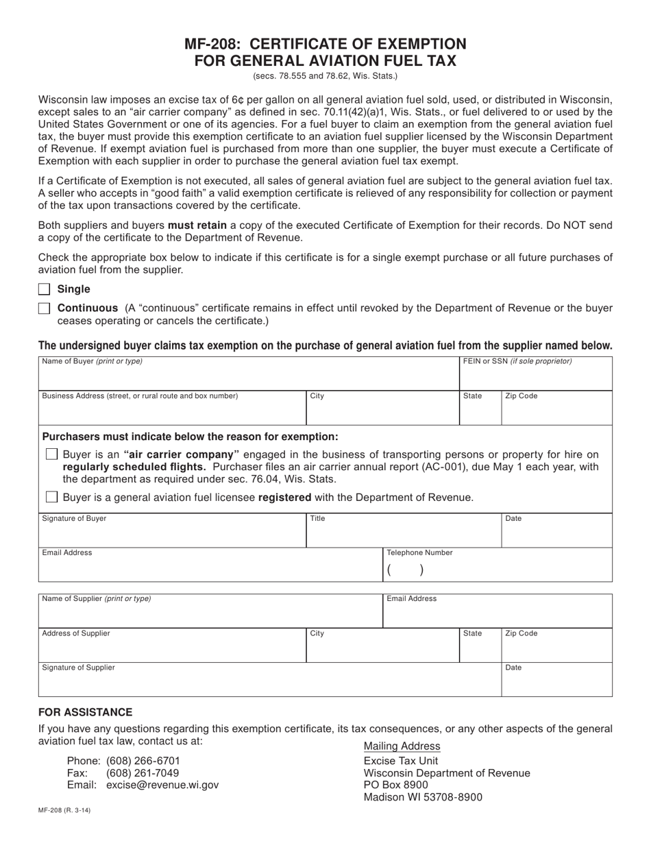 Form MF-208 Certificate of Exemption for General Aviation Fuel Tax - Wisconsin, Page 1
