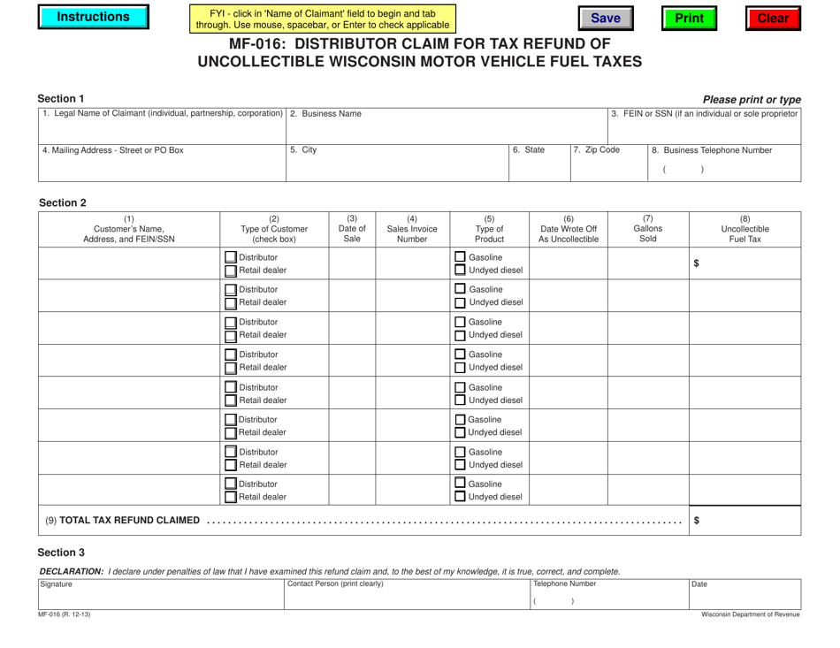 Form MF-016 Distributor Claim for Tax Refund of Uncollectible Wisconsin Motor Vehicle Fuel Taxes - Wisconsin, Page 1