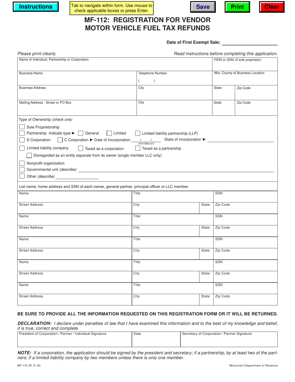 Form MF-112 Registration for Vendor Motor Vehicle Fuel Tax Refunds - Wisconsin, Page 1