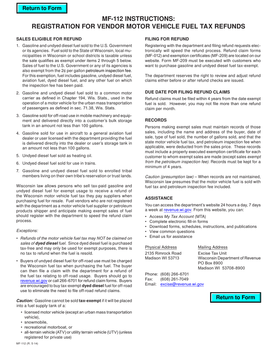 Form MF-112 Registration for Vendor Motor Vehicle Fuel Tax Refunds - Wisconsin, Page 2