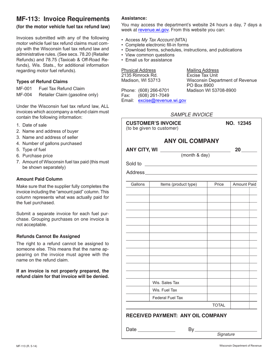 Form MF-113 Invoice Requirements - Wisconsin, Page 1