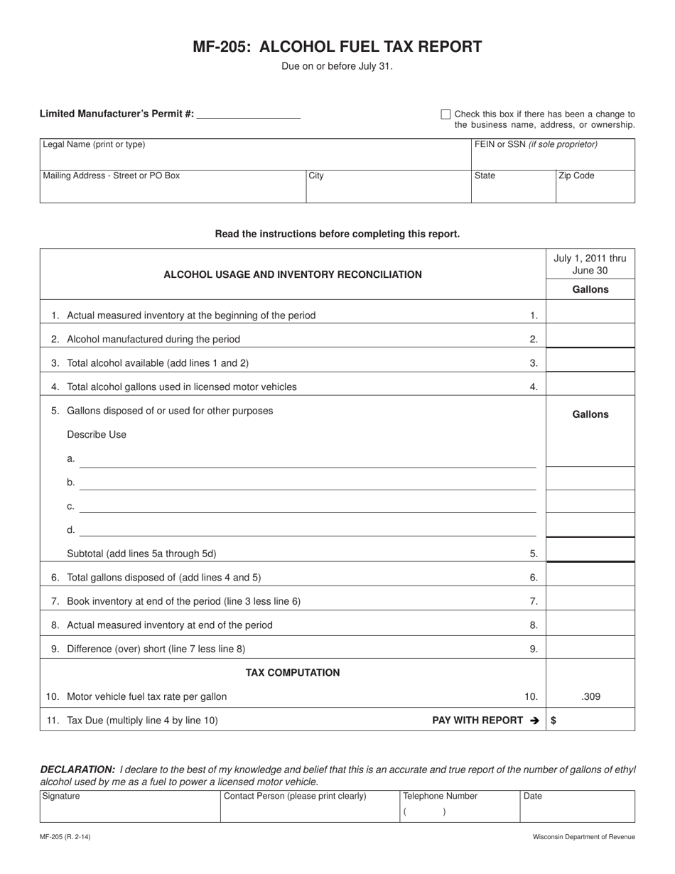 Form MF-205 Alcohol Fuel Tax Report - Wisconsin, Page 1