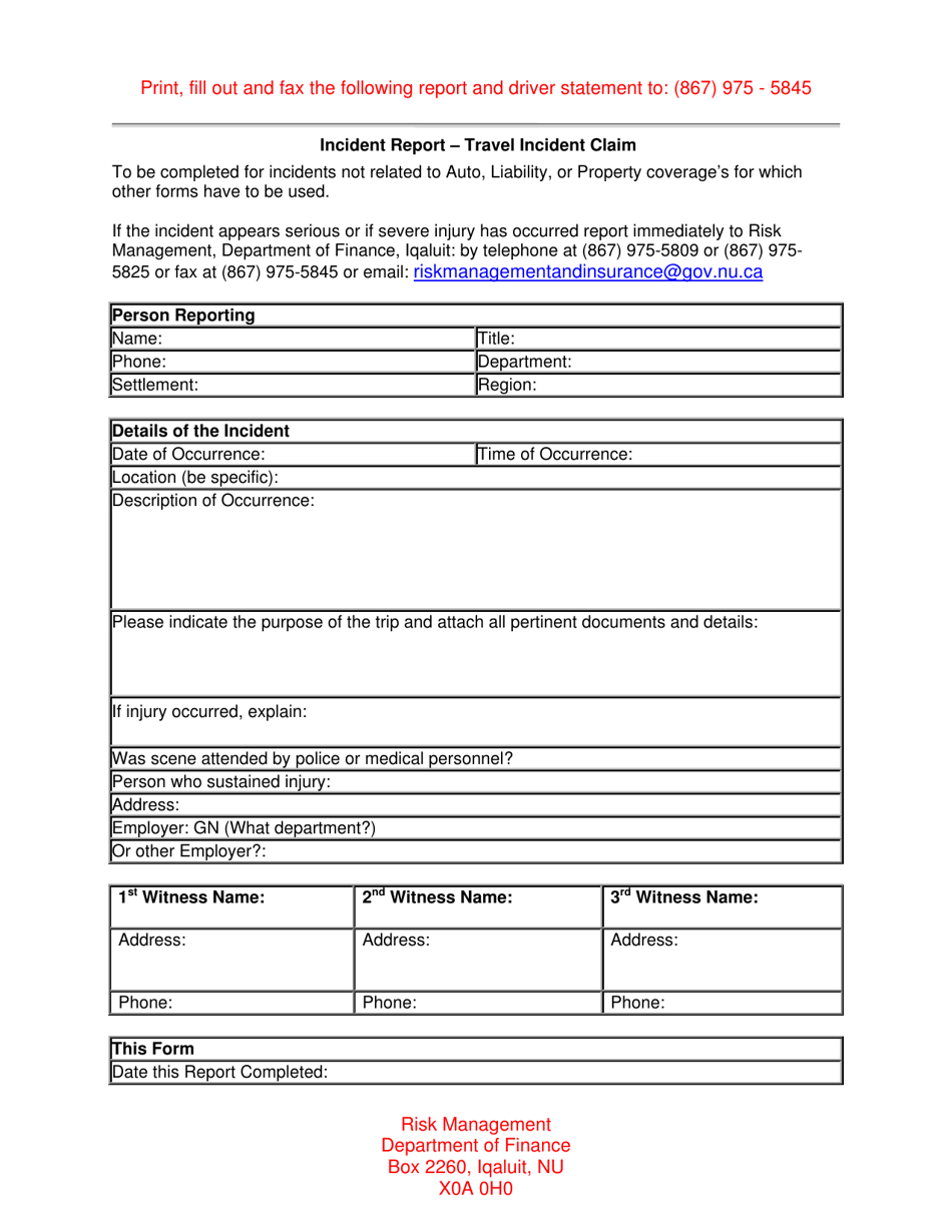 Nunavut Canada Incident Report - Travel Incident Claim - Fill Out, Sign ...