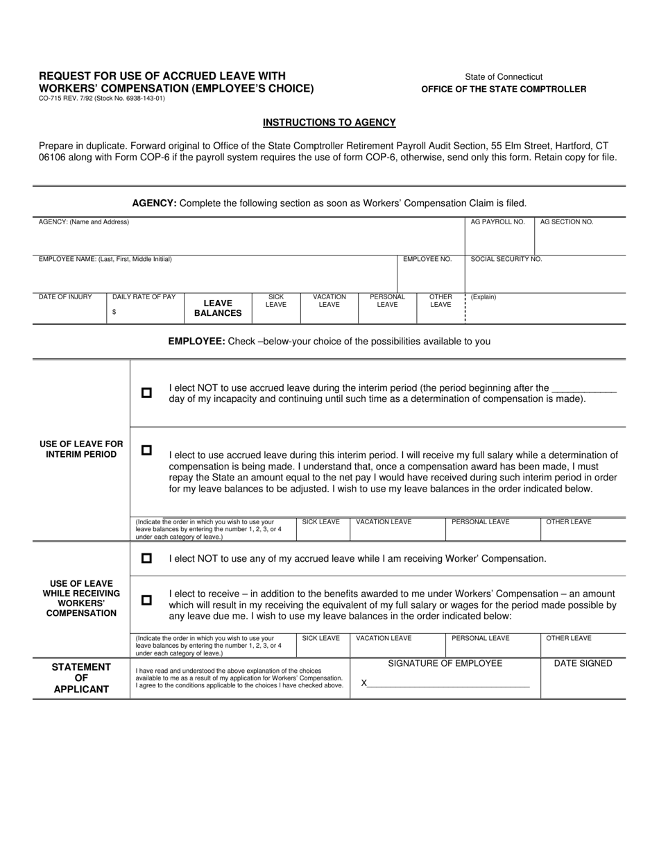 Form CO-715 Request for Use of Accrued Leave With Workers Compensation (Employees Choice) - Connecticut, Page 1