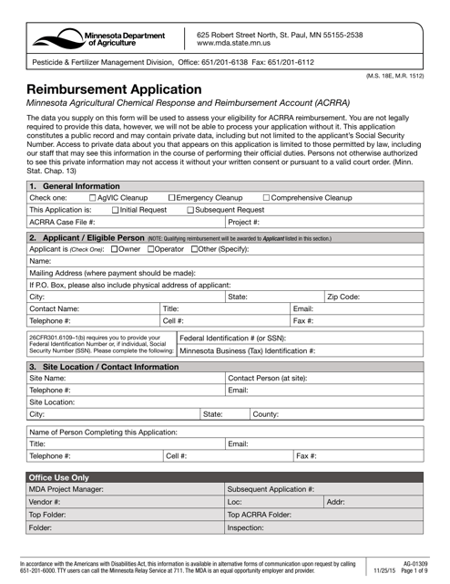 Form AG-01309 Reimbursement Application - Minnesota