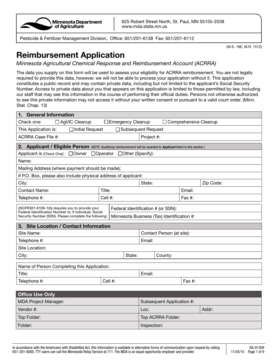 Form AG-01309 Reimbursement Application - Minnesota, Page 1