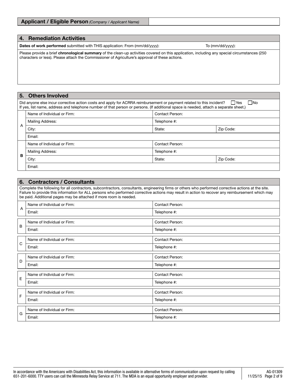 Form AG-01309 Reimbursement Application - Minnesota, Page 2
