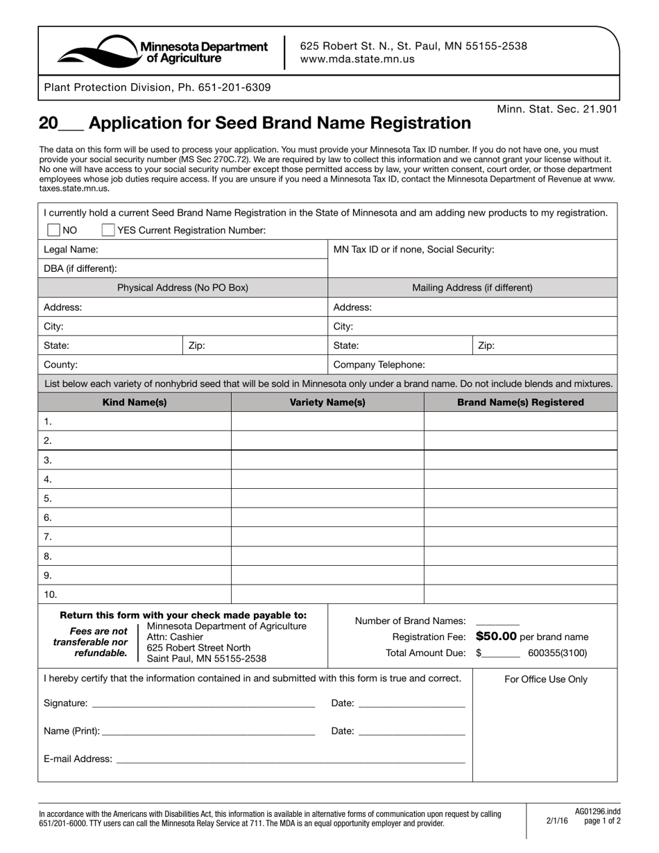 Form AG01296 Seed Brand Name Registration Application - Minnesota, Page 1