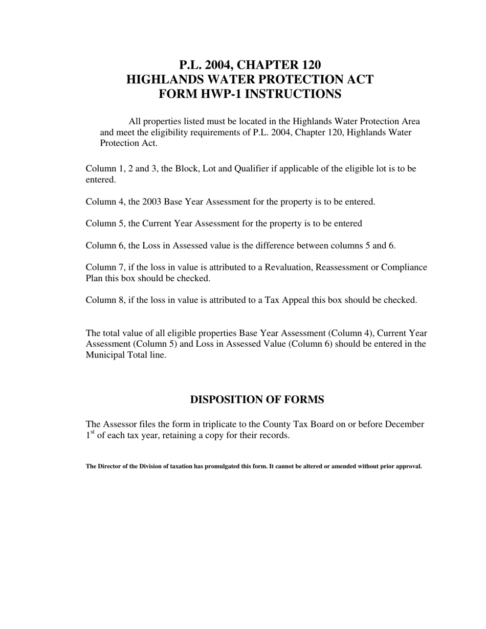 Instructions for Form HWP-1 Certification for Loss in Assessed Value of Vacant Land Attributable to Revaluation, Reassessments and Tax Appeals - New Jersey, Page 1