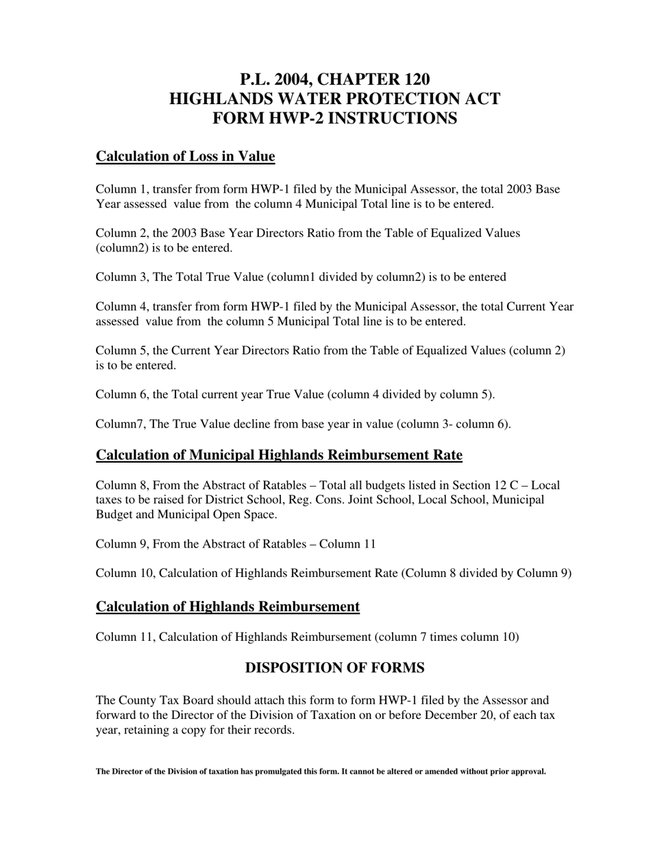 Instructions for Form HWP-2 Aggregate Decline in True Value of Eligible Vacant Land - New Jersey, Page 1