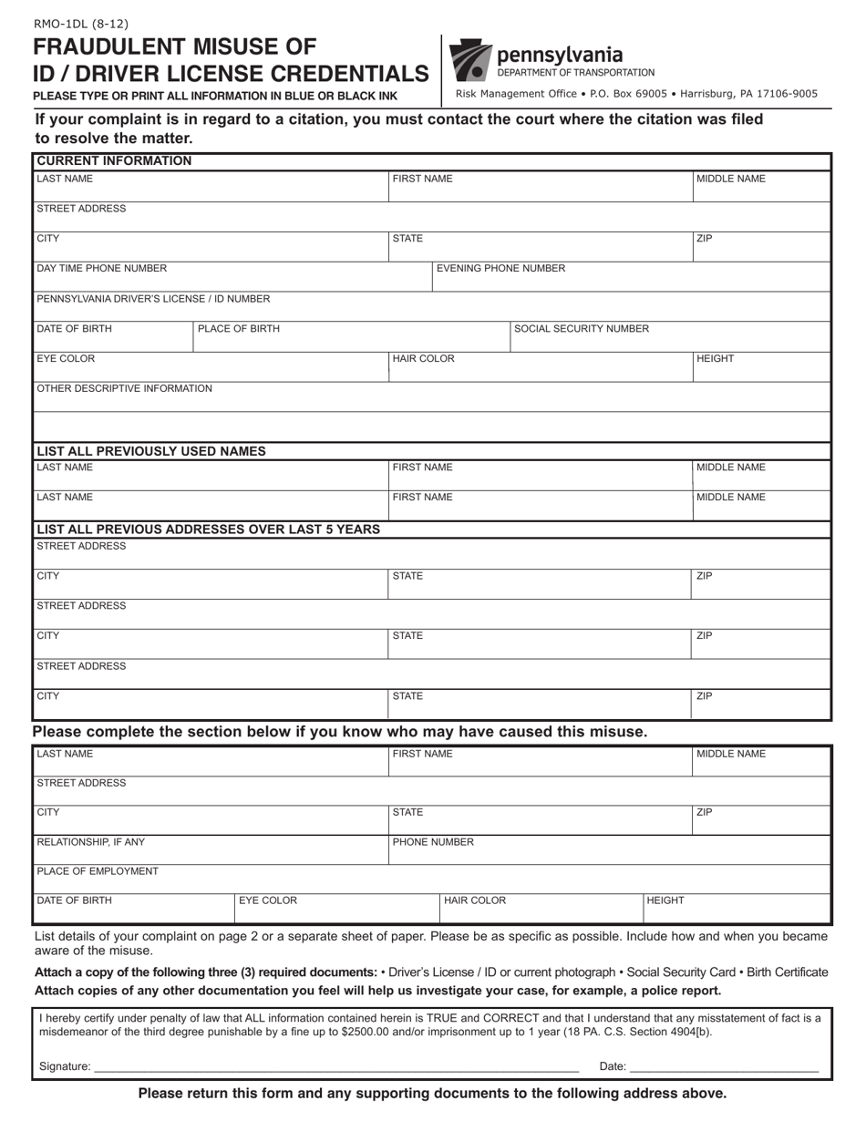 Form RMO-1DL Fraudulent Misuse of Id / Driver License Credentials - Pennsylvania, Page 1