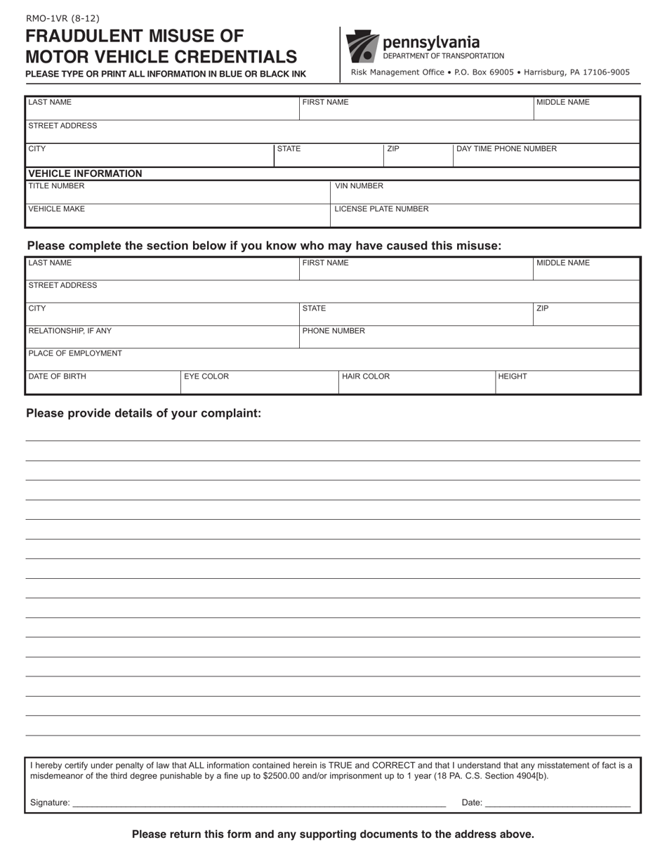 Form RMO-1VR Fraudulent Misuse of Motor Vehicle Credentials - Pennsylvania, Page 1