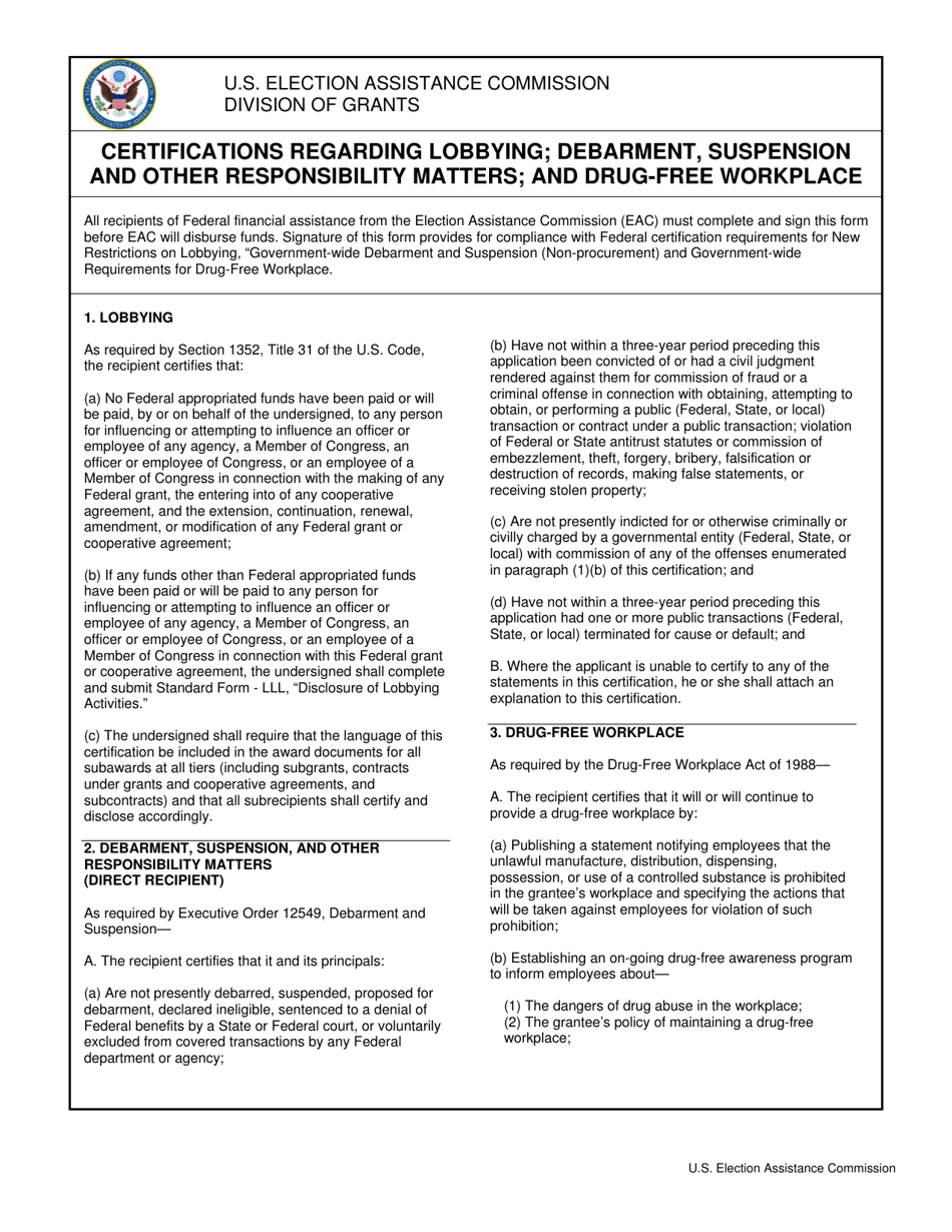 Certifications Regarding Lobbying; Debarment, Suspension and Other Responsibility Matters; and Drug-Free Workplace, Page 1