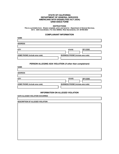 &quot;Americans With Disabilities Act (Ada) Grievance Form&quot; - California Download Pdf