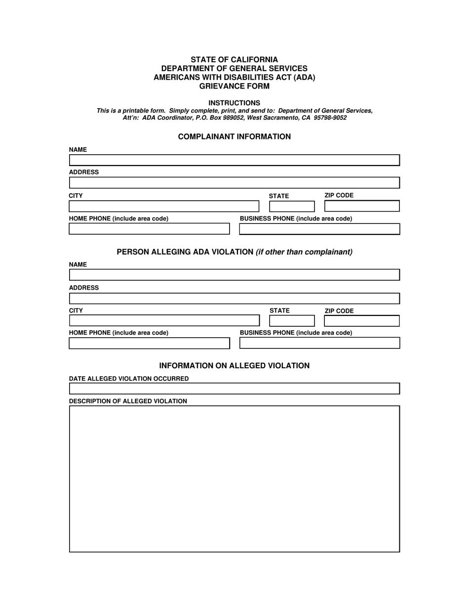 Americans With Disabilities Act (Ada) Grievance Form - California, Page 1