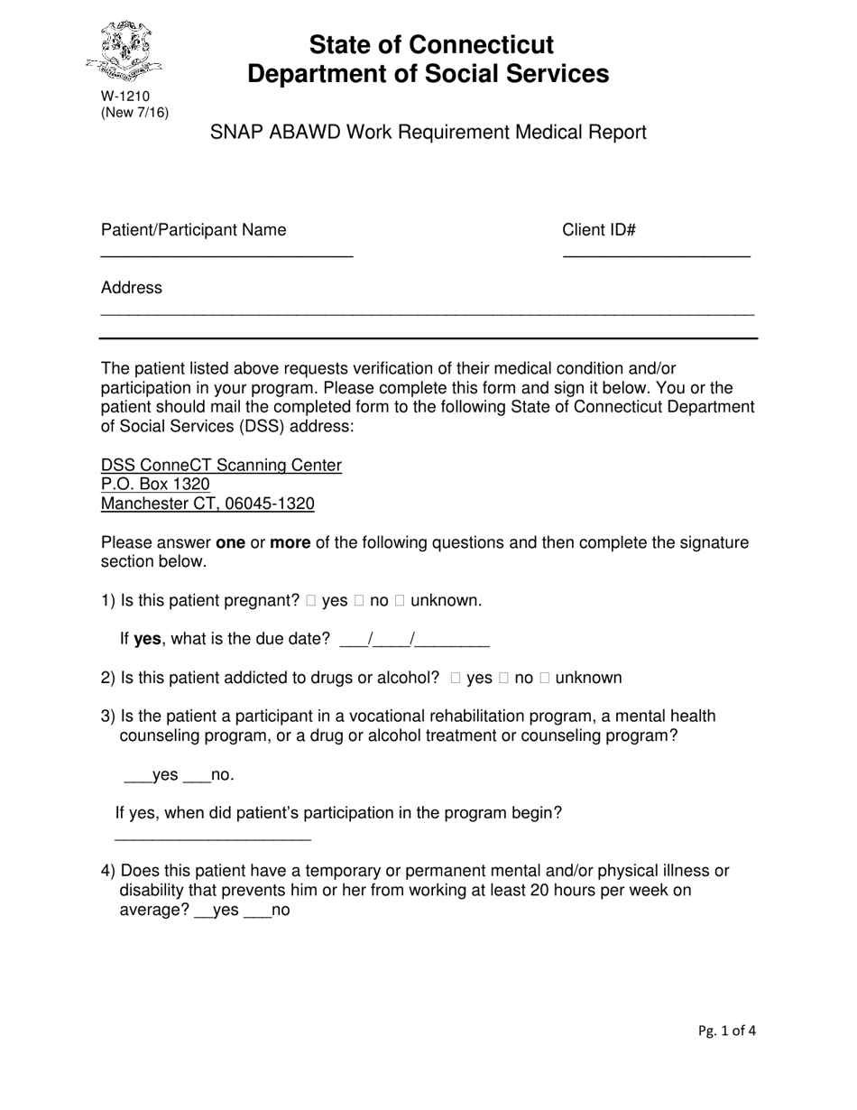 Form W-1210 Snap Abawd Work Requirement Medical Report - Connecticut, Page 1