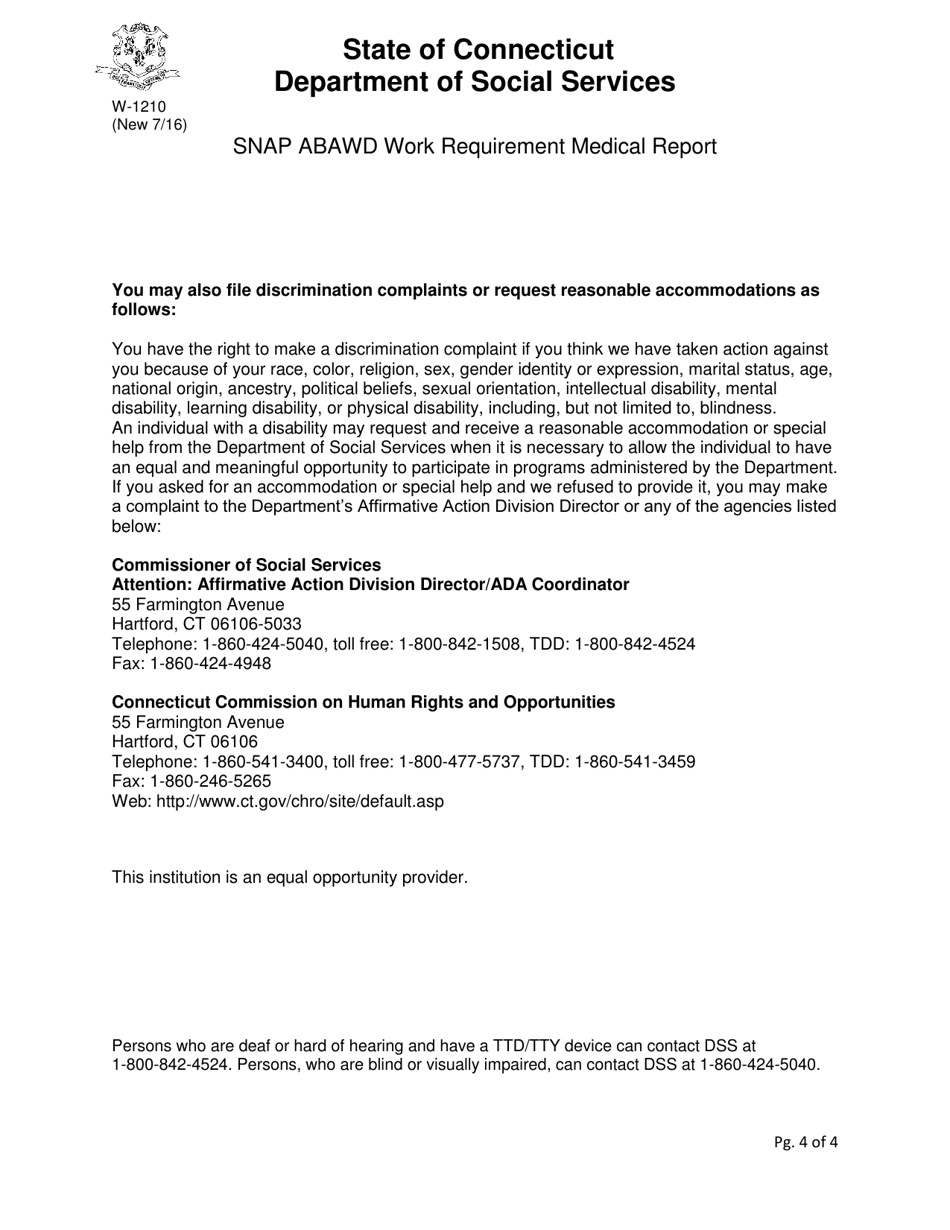 Form W-1210 Snap Abawd Work Requirement Medical Report - Connecticut, Page 4