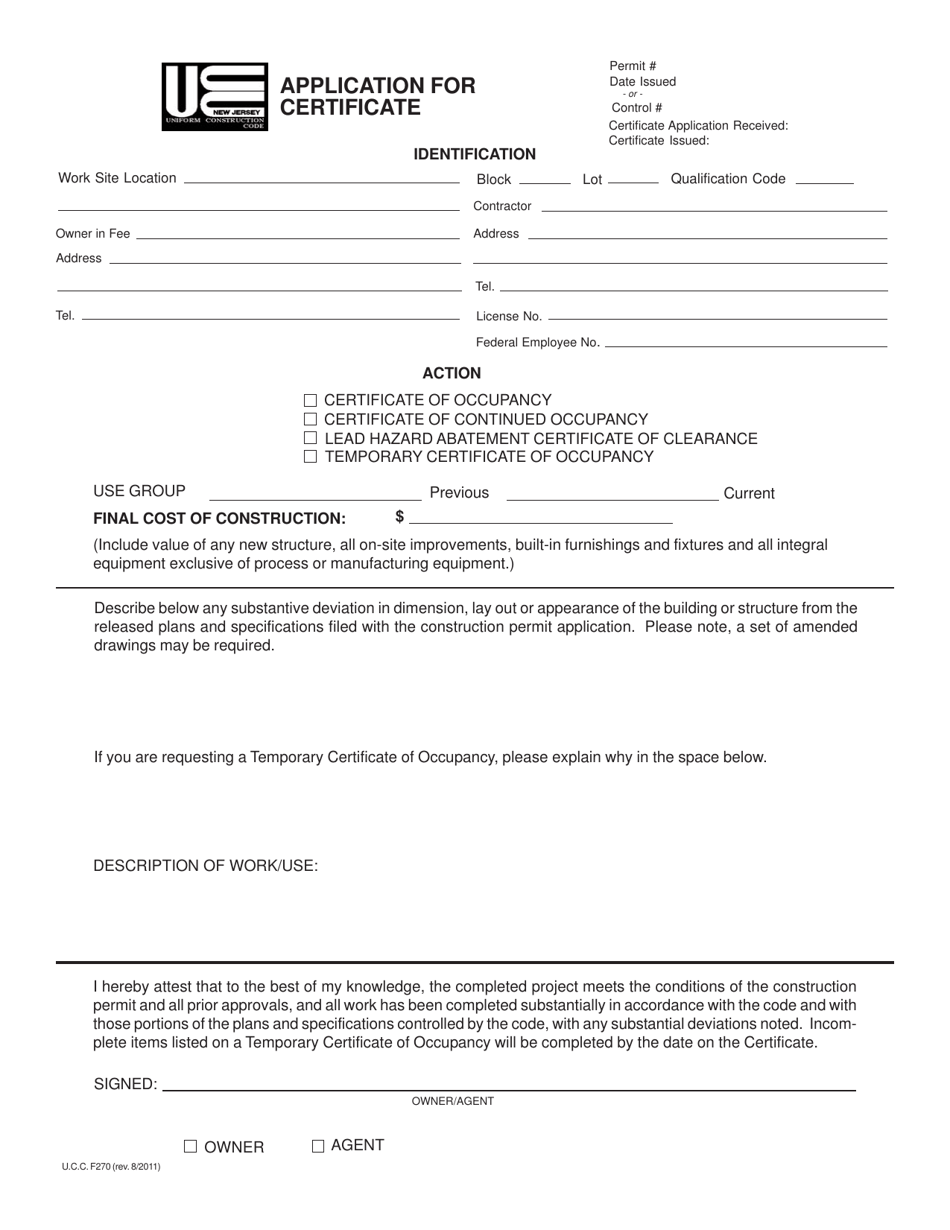 UCC Form F270 Application for Certificate - New Jersey, Page 1