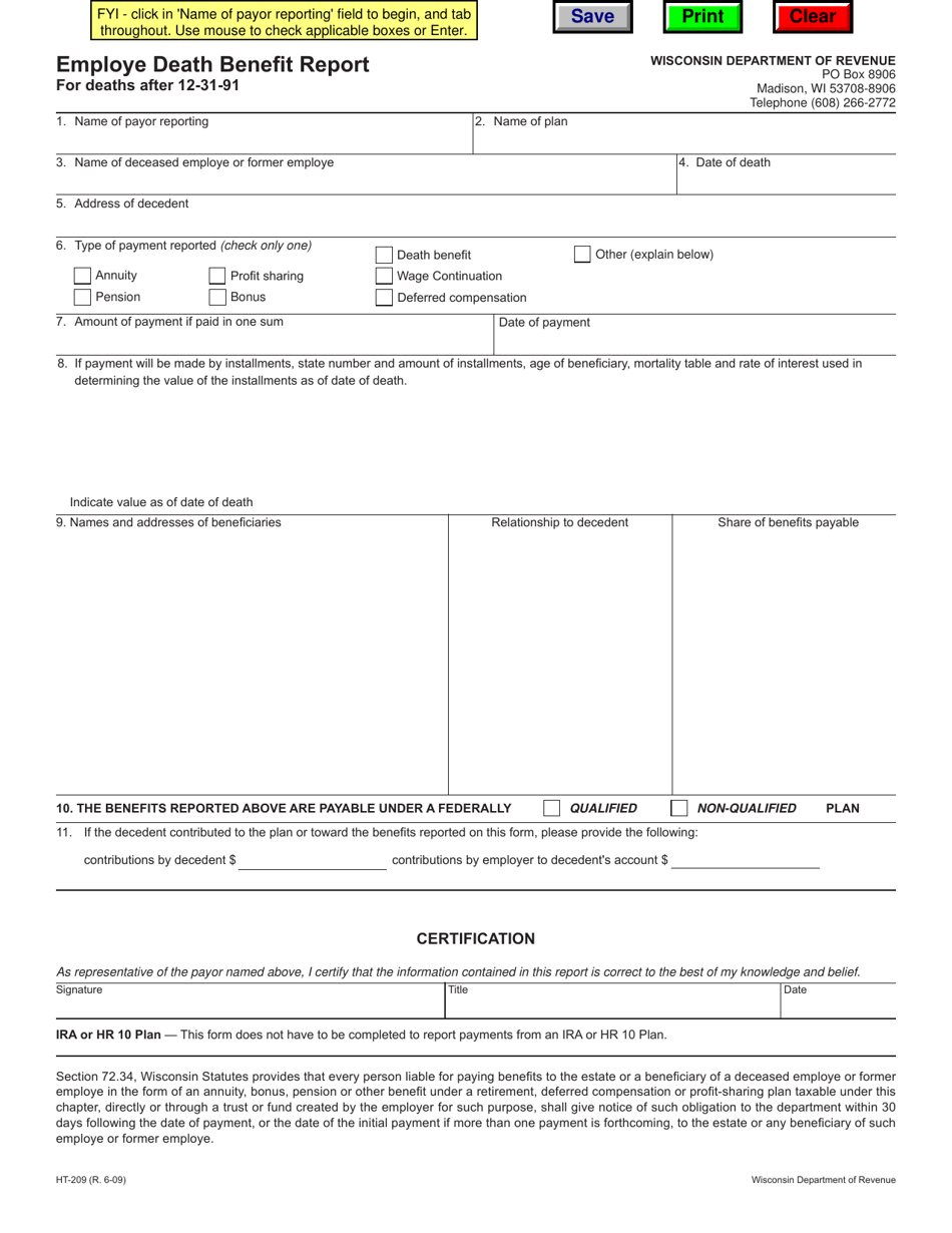 Form HT-209 Employe Death Benefit Report for Deaths After 12-31-91 - Wisconsin, Page 1
