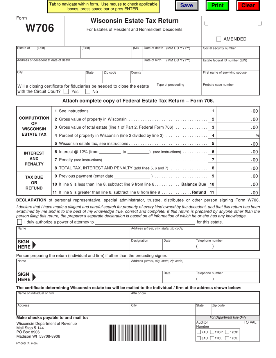 Form W706 (HT-005I) Wisconsin Estate Tax Return for Estates of Resident and Nonresident Decedents - Wisconsin, Page 1
