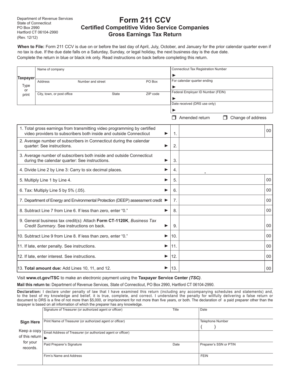 Form 211 CCV Certified Competitive Video Service Companies Gross Earnings Tax Return - Connecticut, Page 1
