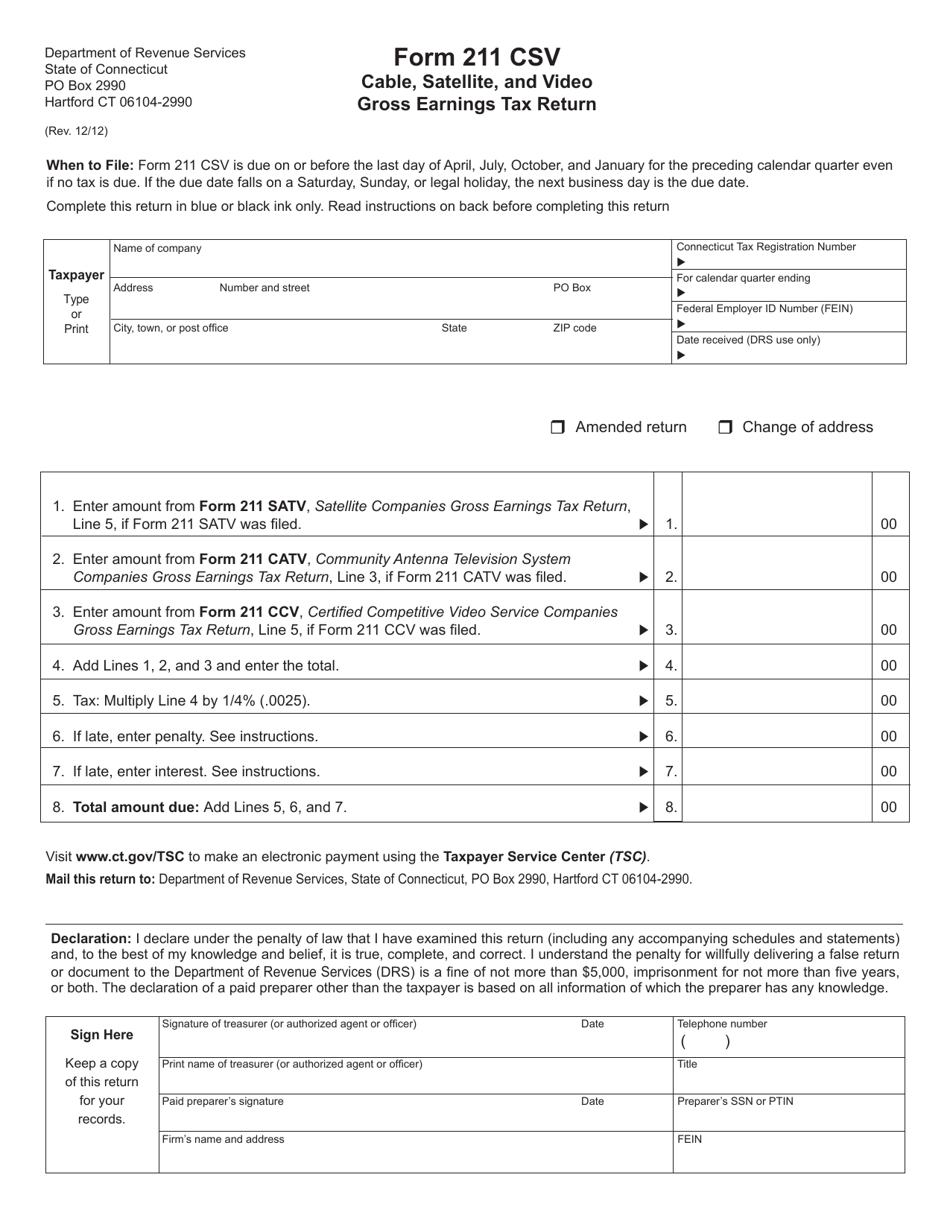 Form 211 CSV Cable, Satellite, and Video Gross Earnings Tax Return - Connecticut, Page 1
