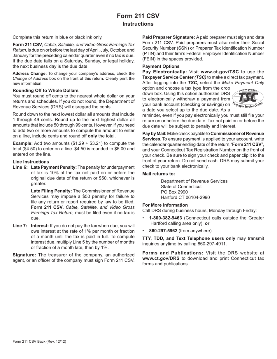 Form 211 CSV Cable, Satellite, and Video Gross Earnings Tax Return - Connecticut, Page 2