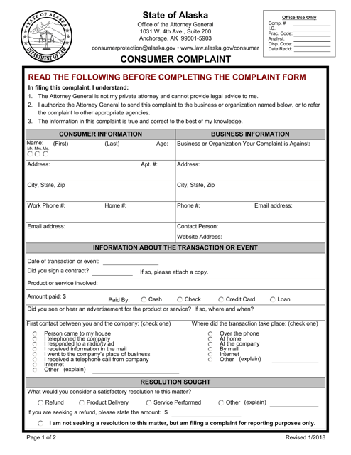 Consumer Complaint Form - Alaska