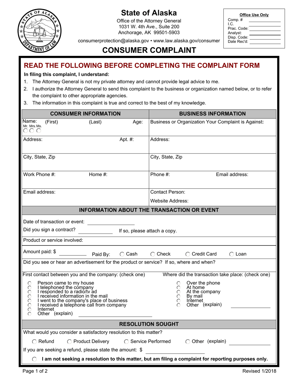 Consumer Complaint Form - Alaska, Page 1