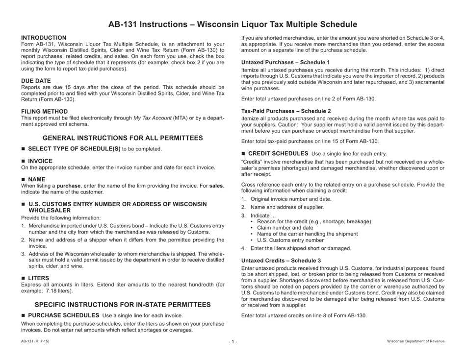 Form AB-131 Wisconsin Liquor Tax Multiple Schedule - Wisconsin, Page 1