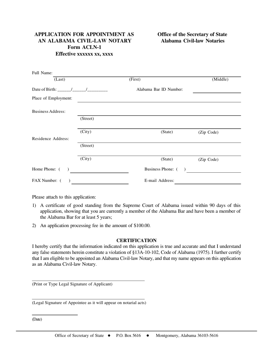 Form ACLN-1 Application for Appointment as an Alabama Civil-Law Notary - Alabama, Page 1