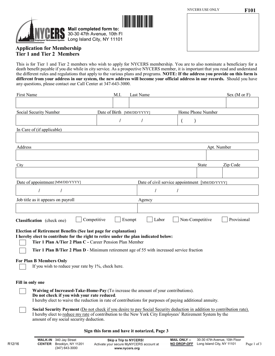 Form F101 Application for Membership - Tier 1 and 2 Members - New York City, Page 1