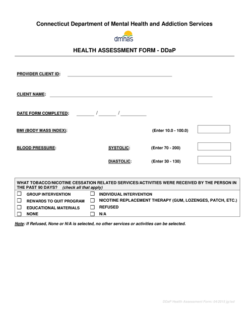 Health Assessment Form - Ddap - Connecticut Download Pdf
