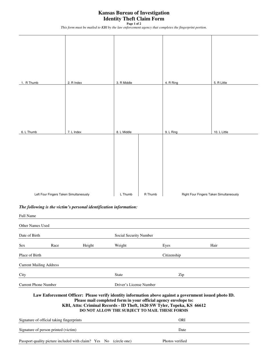 Identity Theft Claim Form - Kansas, Page 1