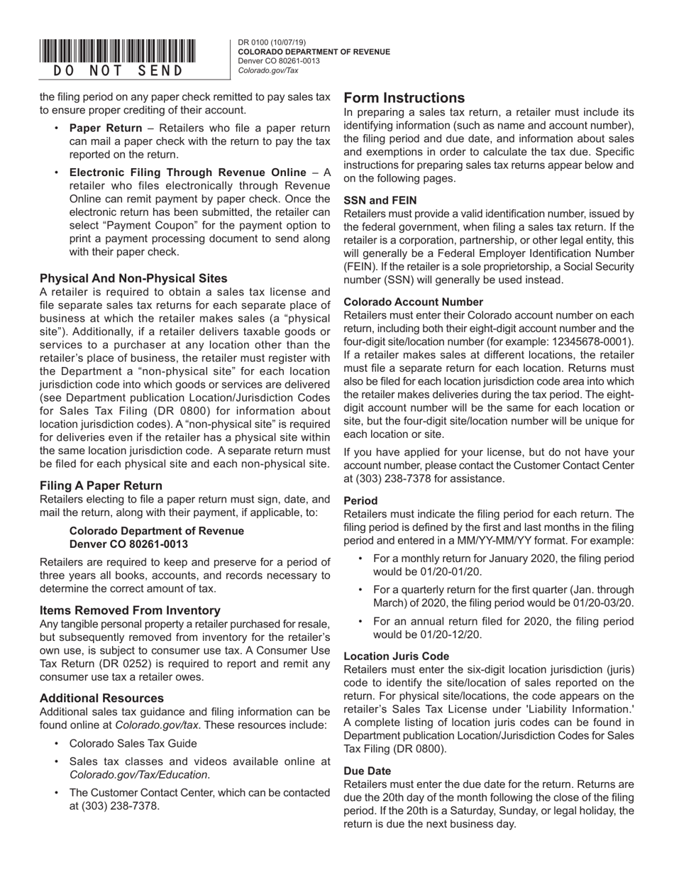 Form DR0100 Colorado Retail Sales Tax Return - Colorado, Page 2