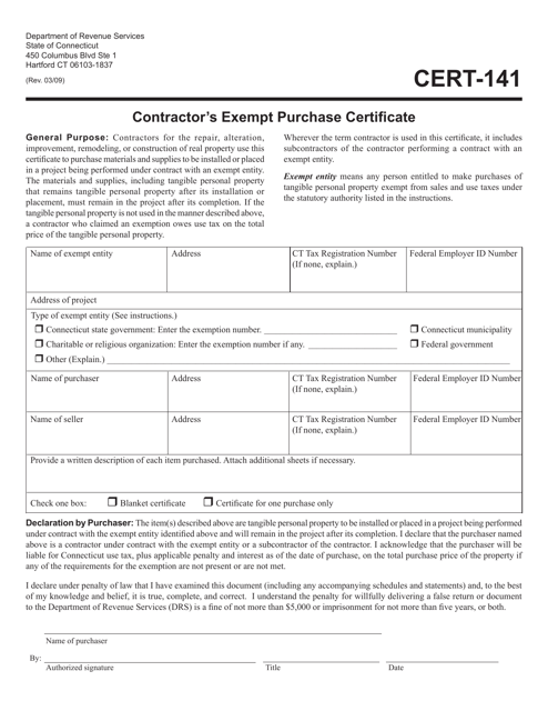 Form CERT-141 Contractors Exempt Purchase Certificate - Connecticut