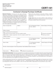 Form CERT-141 Contractors Exempt Purchase Certificate - Connecticut
