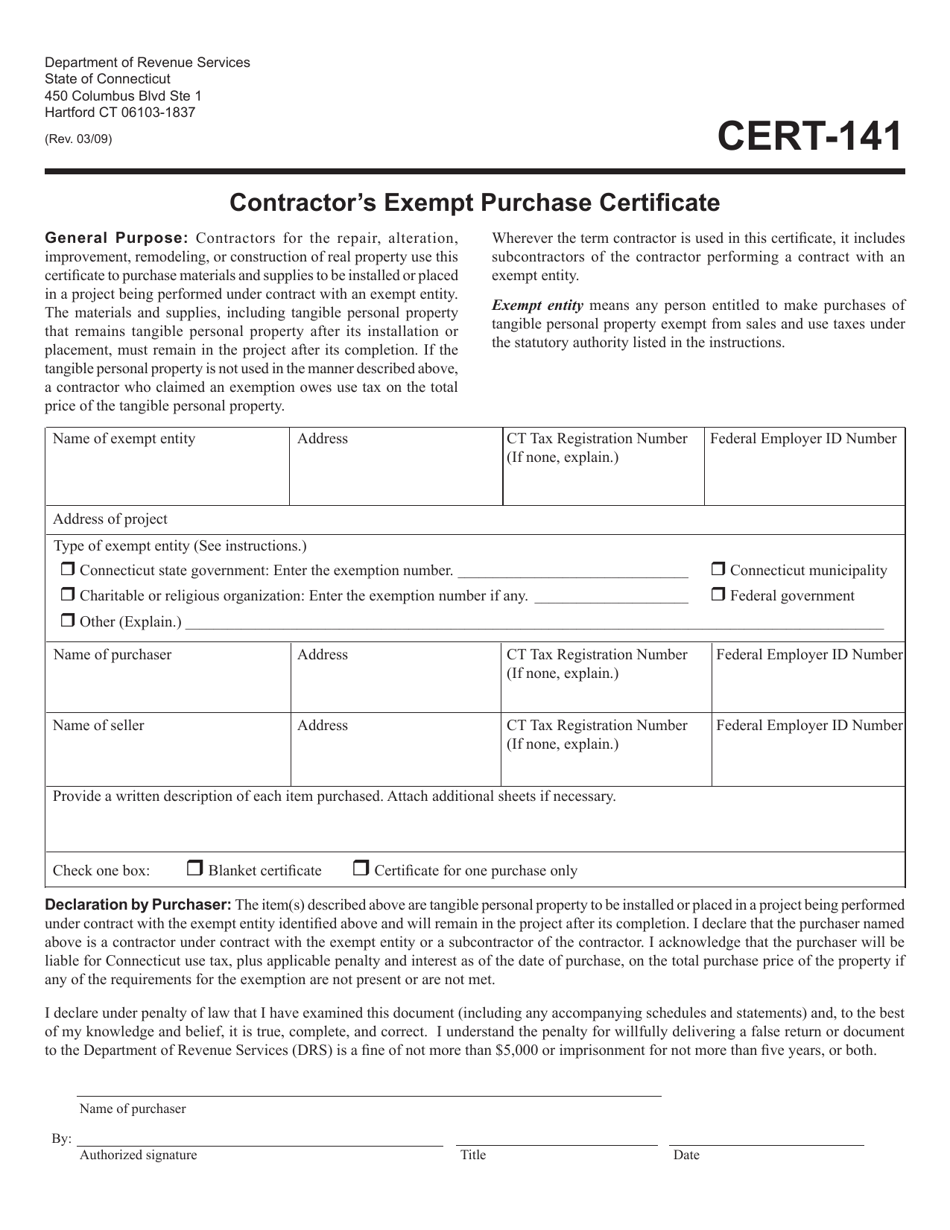Form CERT-141 Contractors Exempt Purchase Certificate - Connecticut, Page 1